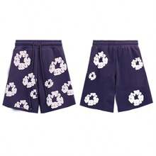 New Men's Women's Same Casual Loose Kapok Foam Printing Short-Sleeved T-Shirt With Shorts Set  Floral  All Over Print  Casual   Vestidos De Verano - 藏青短褲 - 查看 2