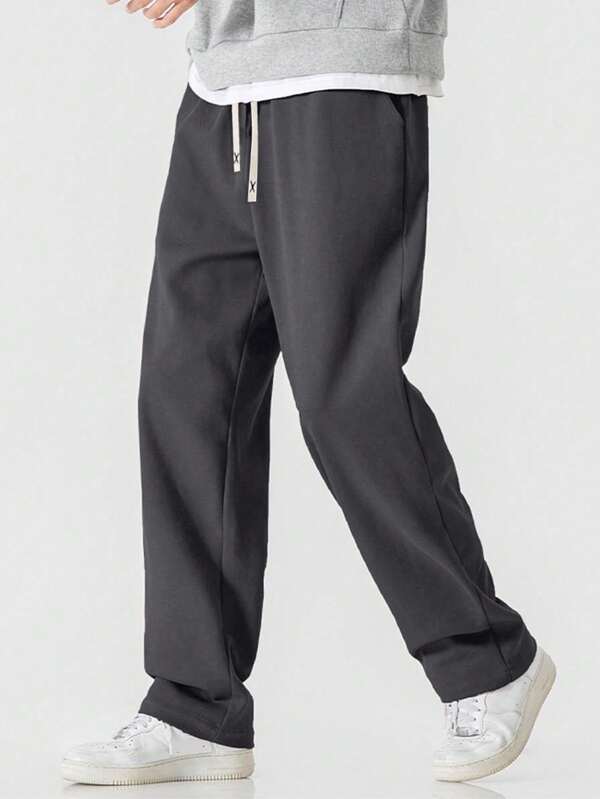 Black Knitted Plus Size Straight Pants For Men, Loose All-Match Casual Solid Color Pants For Spring And Autumn