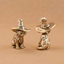1pc Vintage Brass Witch Cat Statue, Solid Miniature Cat Sculpture, Decorative Animal Figurine, Antique Copper Tea Pet, Collectible Craft, Home & Room Decor, Tabletop Ornament For Living Room Or Bedroom Display, For Halloween - Wizard Cat - View 4