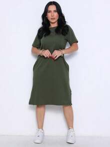 Cotton Midi Dress With Pockets - Comfortable, Casual, Everyday, Versatile. - màu xanh lá - Xem 4