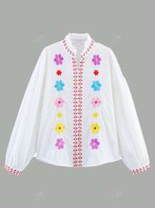Camicia elegante da donna con bottoni e ricamo, adatta per la primavera/autunno