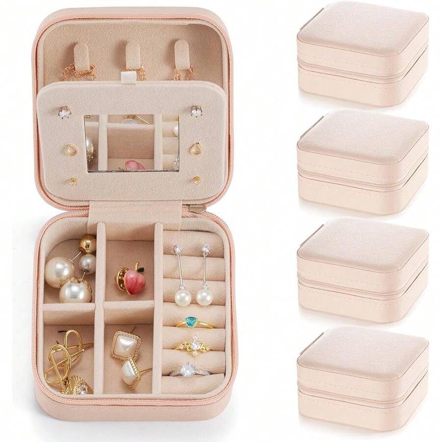 New- Pink 4packs - All Travel Jewelry Case, To Go Portable Jewelry Box, Travel Jewelry ,Portable Jewellery Storage Holder For Rings Earrings Necklace, Gifts For Girls Women Mirror - baby Pink - 4 packs - 查看 1