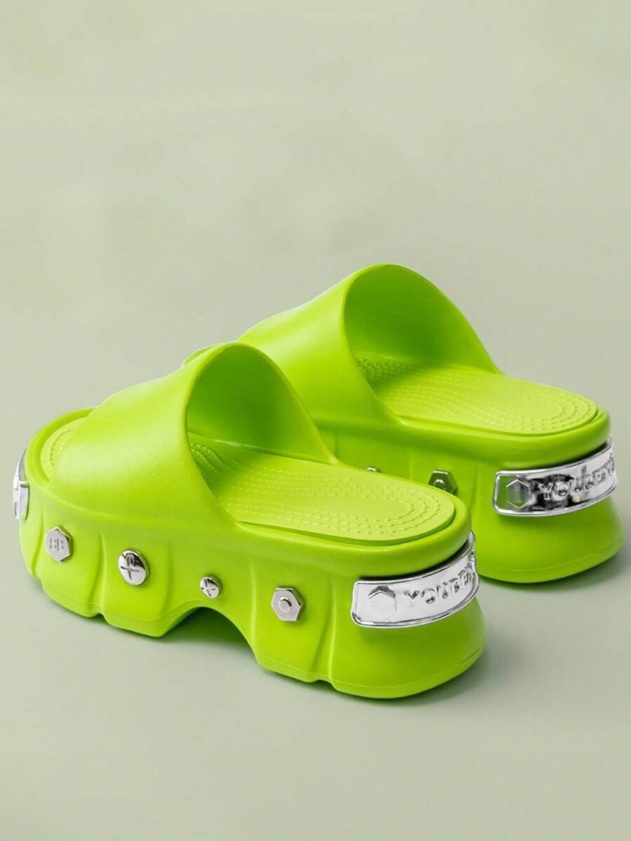 New Summer Original Versatile Women Strap Slides Fashion Platform Non-Slip Personalized Rivet Design Ladies Flat Sandals - Green - View 1