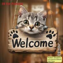 1 pezzo Segno di benvenuto in legno stile vintage con adorabile design a gatto, stampa 2D piatta, legno di alta qualità, facile da montare a muro per casa, bar, ristorante, idea regalo unica per spazi piccoli, decorazione a tema gatto