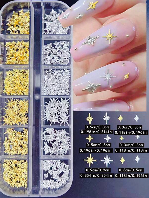 1Box 12 Grid Sparkling Gold And Silver Cross Star Nail -3D Sparkling Star Alloy Metal Nail Supplies, Women/Girls Long/Short Nail Art Decoration, Y2K Fashion Style Design, Various Fake Nail Patches Versatile Cute Styles, DIY Handicraft Decorations, Nail Tools, Nail Accessories