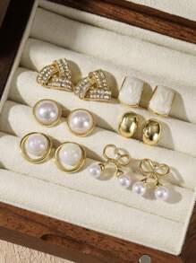 6pcs/Set Vintage Red Cat Eye Faux Pearl Wrap Earrings, Luxury Niche Design, High-End Festive Christmas, Minimalist Versatile Personalized Earring Set Suitable For Women's Daily & Holiday Wear