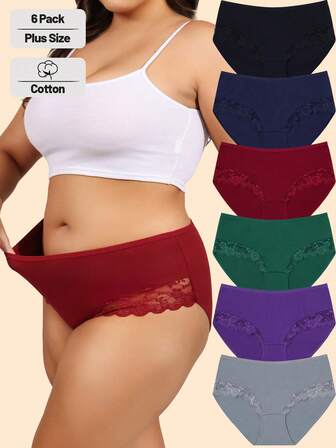 6条装加大码女士性感蕾丝比基尼低腰三角裤，弹力全包臀内裤，尺码0XL-4XL