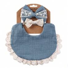 Adjustable Baby Girl Bow Headband & Saliva Towel Set, Lace Detail, Solid Color Double-Sided Waterproof Dribble Bib, Cute & Versatile - Multicolor - View 18