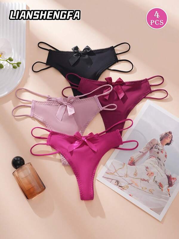 LianShengFa 4 Stücke/Set modische Frauen Tanga Höschen mit Schleife Verzierung, Taillenschnitt mit Hohldesign, hohe Elastizität nahtlos, bequem atmungsaktiv weich für den täglichen Gebrauch Dessous