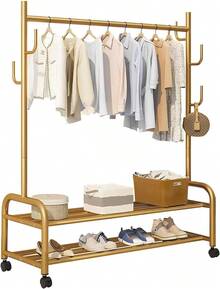 Perchero con Ruedas Dorado Organizador Estanteóvil para Colgar Ropa de Metal Percheros Burro Comercial con Estante de Almacenamiento Colgador de Ropa Percha Rodante para Sombrero y Árbol 120CM - 1 - Ver 8