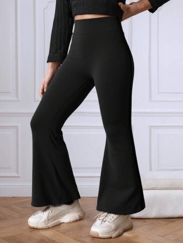 Pantalones casuales de yoga con corte acampanado y elástico de unicolor para niña joven (YY355)