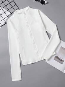 Plus Size Zipper Long Sleeve Sports Jacket With Tight Fit, Thumbhole Cuffs, For Women, Fitness, Yoga, Running - White - View 5