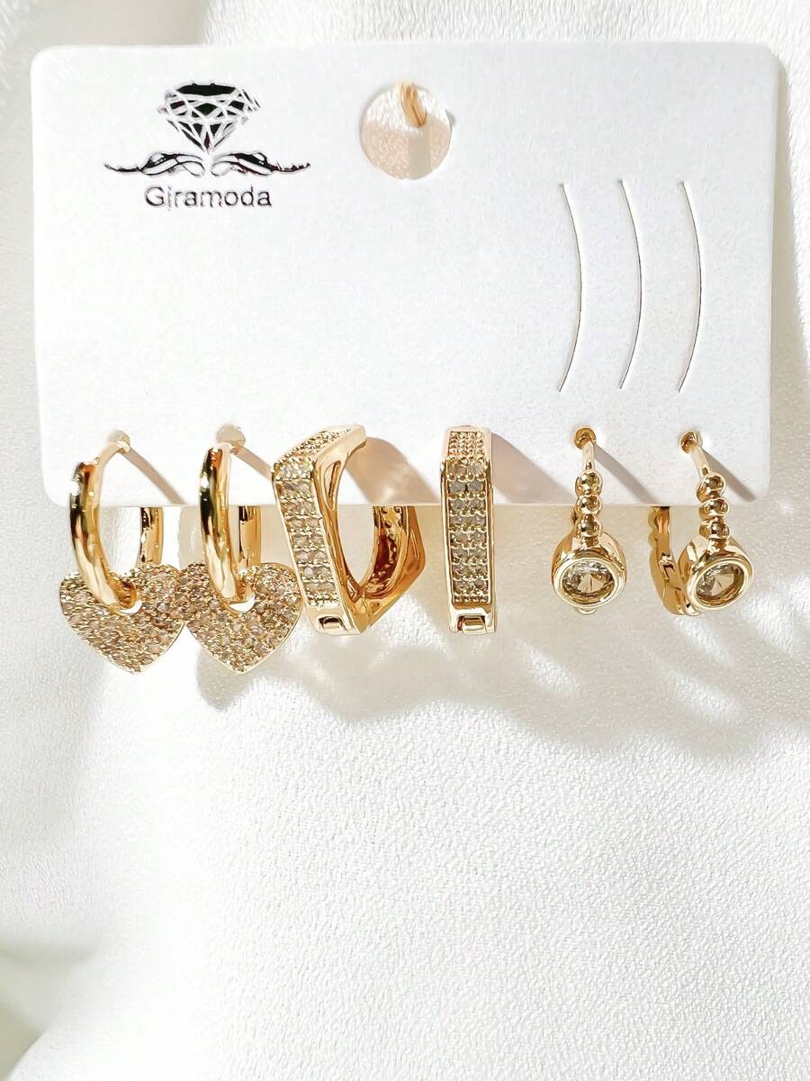 Kit Of 3 Earrings Studded With Zirconia Stone, Small Hoop, Heart Pendant, 18k Gold Plated And 925 Silver - 45 - View 1