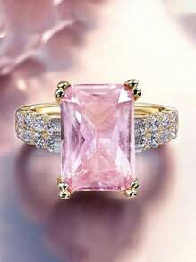 1 pieza Anillo de compromiso de lujo y romántico de princesa, chapado en oro con circonita cúbica sintética rosa cuadrada brillante, que simboliza la nobleza y el amor eterno, mejor opción de regalo para el compromiso, la boda, el aniversario, el Día de San Valentín, la mamá, la madre, el Día de la Madre, regalo