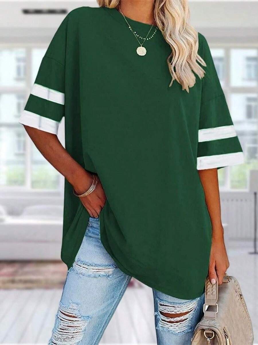 Womens Oversized Tees Loose T Shirts Half Sleeve Crew Neck Color Block Cotton Tunic Tops - màu xanh lá - Xem 1