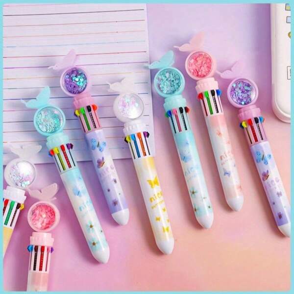 2 pièces Stylos à bille rétractables multicolores 10-en-1 avec un couvercle en forme de papillon et des paillettes, pointe moyenne, corps transparent avec des motifs colorés - parfait pour la journalisation, l'utilisation au bureau et les remplissages de bas de Noël, stylos pour écrire