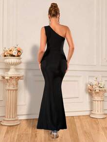 Basrey Belle Asymmetrical Neck Contrast Sequin Mermaid Hem Dress Black Elegant Formal Evening Prom Wedding Guest Gown, For Graduation, Dinner, Party Dress - Black - View 9