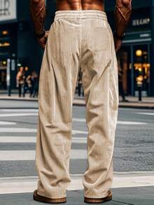 男士复古宽松灯芯绒休闲裤，带斜插袋 - 透气直筒抽绳腰运动裤，适合城市漫步和户外活动