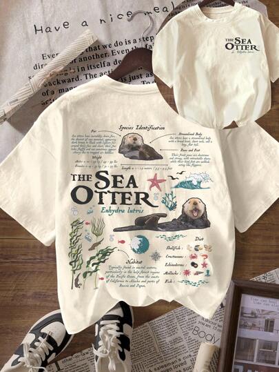 Vintage Sea Otter Biology Graphic Short Sleeve Casual Round Neck T-Shirt