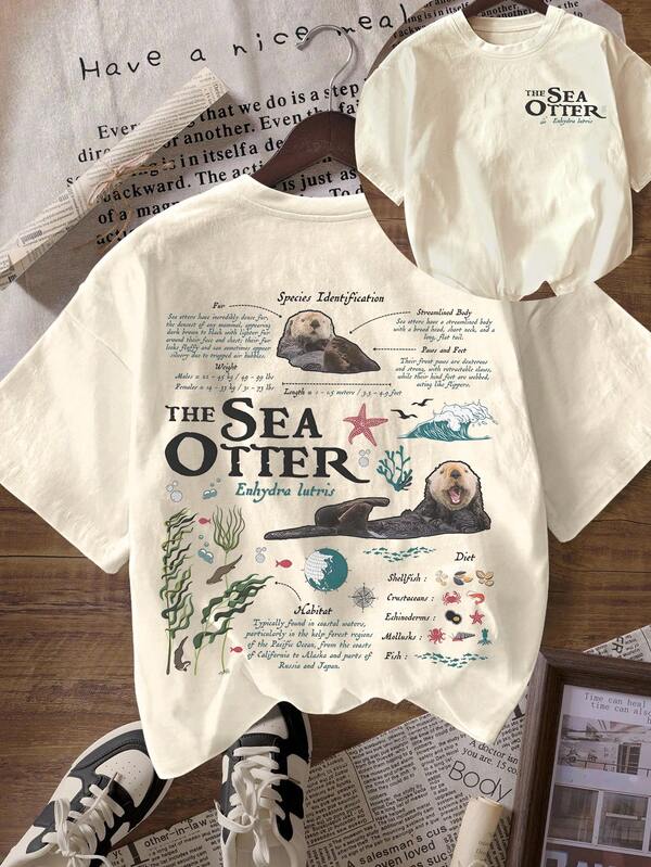 Vintage Sea Otter Biology Graphic Short Sleeve Casual Round Neck T-Shirt