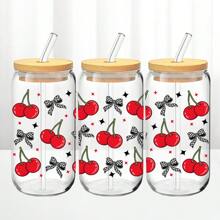 1pc16oz Bow Cherry Multi-Style Glass Cup, Double-Layer Insulated Straw Cup With Wooden Cup Lid, Special Drinking Cup For Girls, Birthday Gift For Girlfriend, Anniversary Gift, Valentine's Day Gift