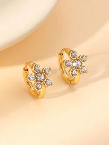 1 Pair Fashionable Minimalist Stainless Steel 18k Gold Plated Colorful Shiny Zirconia Four-Leaf Clover Flower Hoop Earrings, Hypoallergenic, Suitable For Women's Daily & Festival Accessories Or Gift, Especially For Summer Vacation