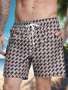Men's Simple Casual Plaid Beach Shorts With Pockets, Holiday Beach Swim Trunks - Brown - View 1