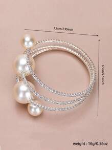 1 pièce Bracelet Manchette avec 3 rangées de perles et de strass sertis, Bracelet polyvalent en cristal