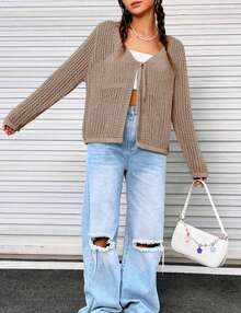 Womens Lightweight Crochet Cardigan Tie Front Shrugs Knit Crop Tops - 棕色 - 查看 2