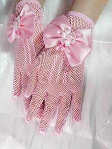 1 双儿童蕾丝镂空蝴蝶结公主手套（适合派对节日活动） - 粉色 - 查看 5