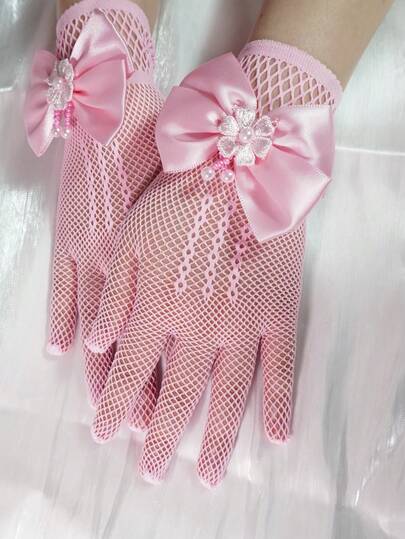 1 Pair Children's Lace Hollow Bow Princess Gloves (Suitable For Parties And Festivals)