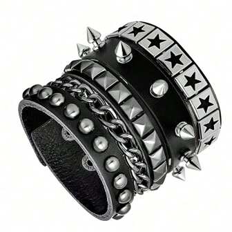 Brazalete de cuero punk - Muñequera de cuero gótica con remaches metálicos, brazalete emo - Accesorios de punk rock de los 80 para hombres y mujeres (1/3/4 piezas)