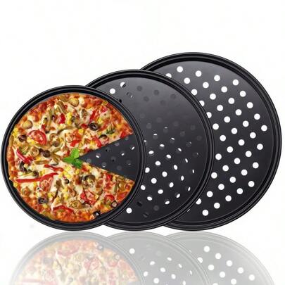 1 Black Carbon Steel Pizza Pan, Pizza Baking Tray, Non Stick Pizza Mold, Perforated Baking Tray, Circular Baking Tray, Oven Tray, Pizza Tray, Pizza Mold, Baking Kit, Pizza Pan, Oven Accessories, Non Stick Pan, Easy To Clean, Daily Use For Home, Theme Parties, Parties, Restaurants, Hotels, Kitchens, Pizza Mold