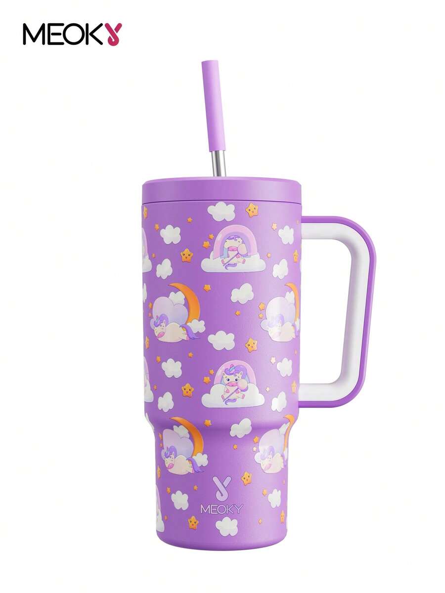 24盎司带把手保温杯，真空隔热不锈钢旅行杯，带吸管，真空隔热水瓶，可重复使用的不锈钢水瓶 - 保温/保冷长达24小时