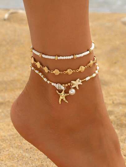 3pcs/Set Summer Ocean Style Natural Seashell & Pearl Beads, Metal Starfish Pendant Anklet, Fashion Golden Shell Handmade Chain Foot Jewelry, Suitable For Daily Outfit, Beach Holiday, Date Wear, Handmade Chain Length Customized, Seashell Quantity Unfixed
