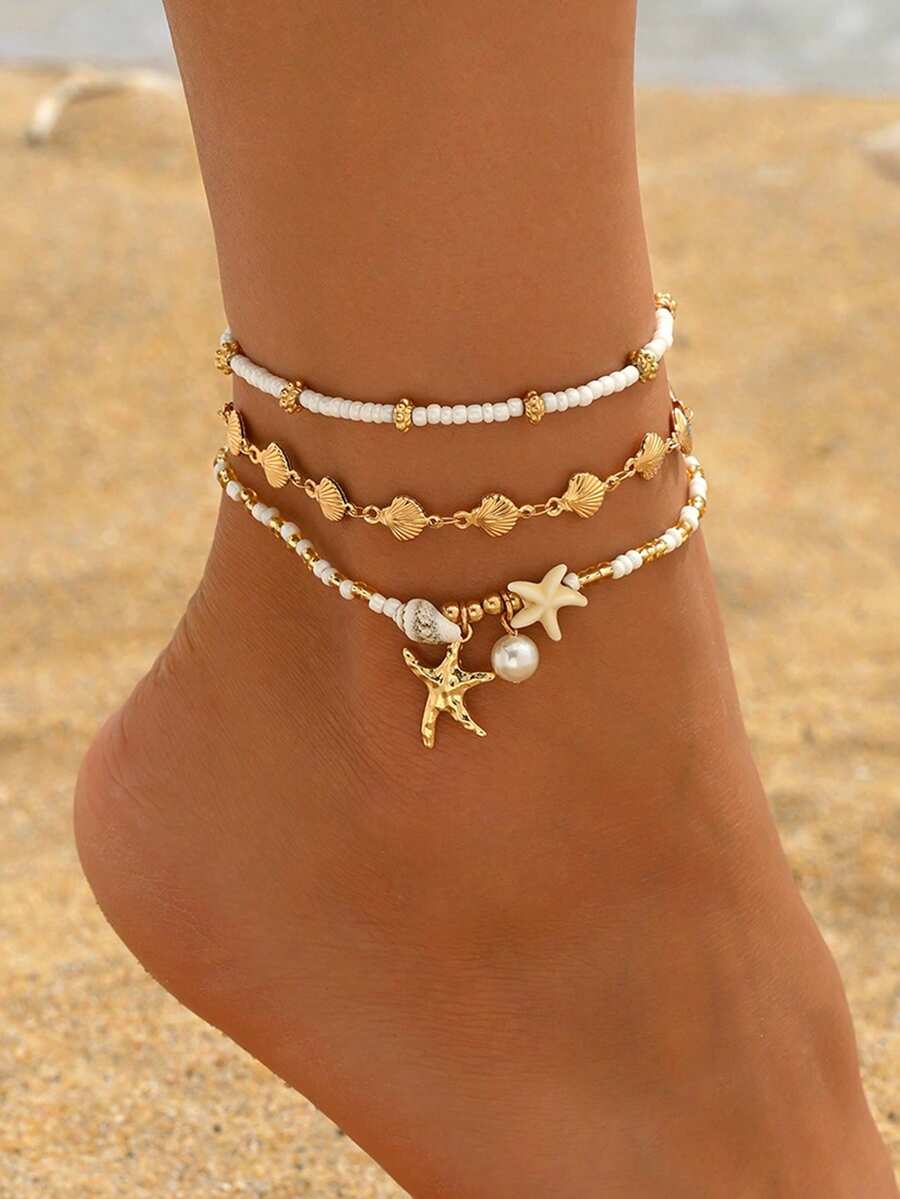 3pcs/Set Summer Ocean Style Natural Seashell & Pearl Beads, Metal Starfish Pendant Anklet, Fashion Golden Shell Handmade Chain Foot Jewelry, Suitable For Daily Outfit, Beach Holiday, Date Wear, Handmade Chain Length Customized, Seashell Quantity Unfixed - Multicolor - View 1