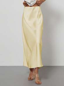Se-Helo Fashion Women's Elastic Satin Finish Maxi Skirt - Sunlight Yellow - Sunlight Yellow - View 9