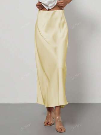 Damen Elastischer Satin Midirock, Mode