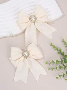 2 piezas Pinzas para el cabello con lazo en beige para niñas, decoradas con encaje, perlas y rhinestone, accesorios para el cabello de moda para uso diario de niñas
