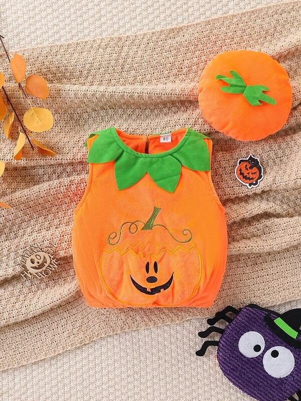 2pcs/Set Kids Halloween Pumpkin Graphic Sleeveless Top With Hood