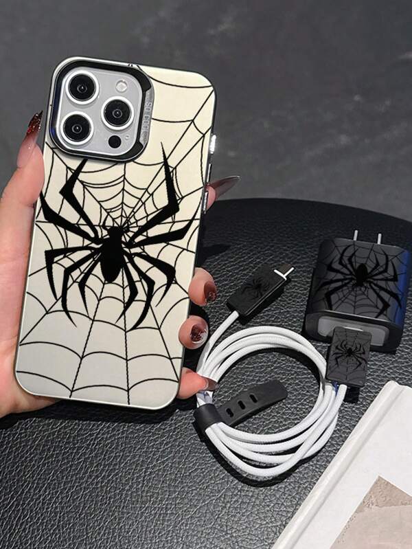 5pcs Set: Black Spider Pattern Phone Case + Charger Adapter Cover + Cable Protector + Tidy Strap, TPU Shockproof Protective Cover For Apple 7/8/X/Xs/XR/XS Max/11/12/13/14/15/16 Pro Max