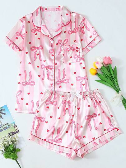 Conjunto de pijama de mujer de manga corta con estampado de rayas y lazo