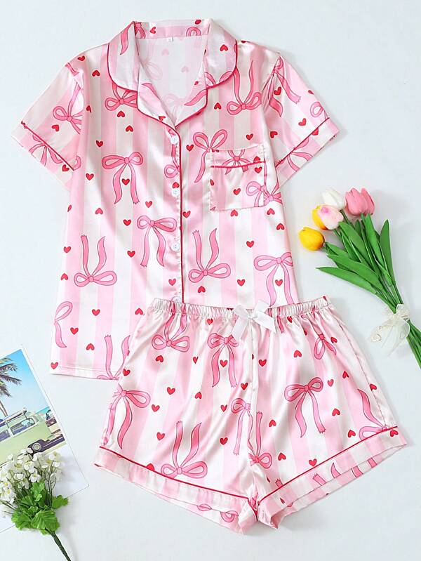 Conjunto de pijama de mujer de manga corta con estampado de rayas y lazo