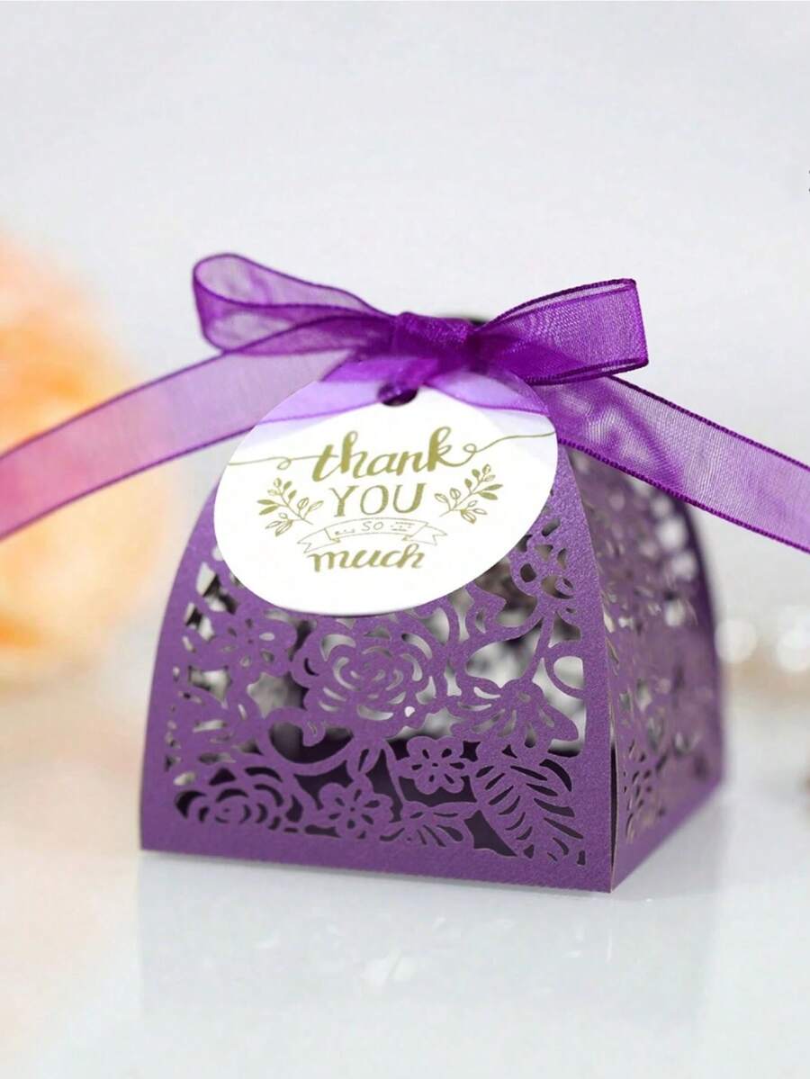 25 件紫玫瑰糖果盒配丝带，激光切割巧克力包装盒，适用于婚礼、回礼、纪念品、情人节、生日派对、圣餐回礼等