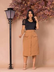 Women's Elegant Tailored Midi Skirt With Belt And Pocket Evangelical Fashion - 卡其色 - 查看 3