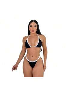 Biquini Fita Marquinha Feminino Regulagem Bronze Verão Carnaval Moda Praia Conjunto - Bicolor Preto - Visão 4