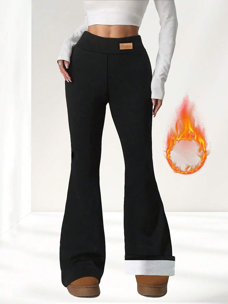 Women's Thick Flare Pants, Black Winter Leggings, Casual Outfit - Warm Flare Pants Design, Comfortable Wear, Fashionable, Suitable For Women, Durable Fabric, Suitable For Sports Enthusiasts