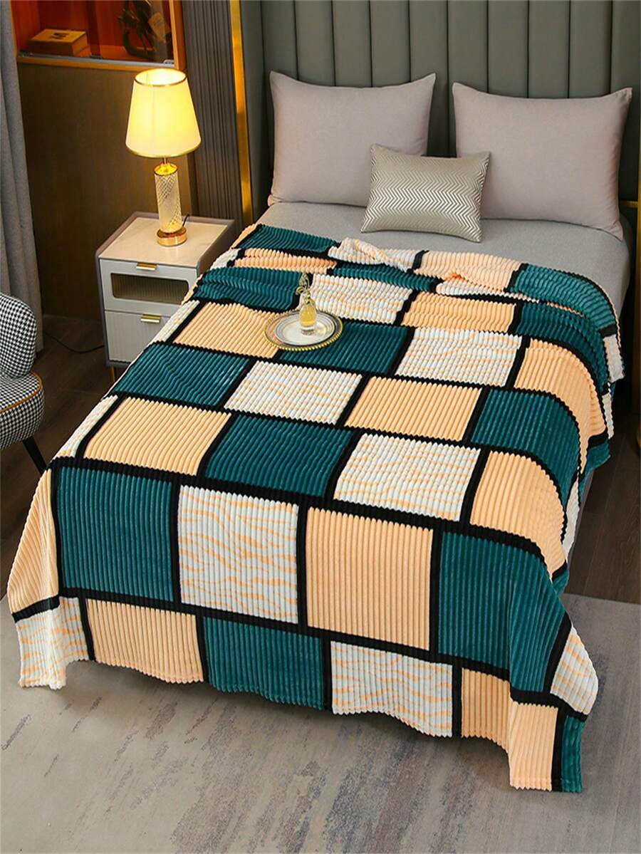 1 件条纹格子羊毛毯，柔软温暖的盖毯，适合床、沙发、办公室午睡、空调 - 綠色 - 查看 1