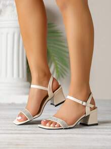 Women's Square Toe French Style Chunky Heel Sandals, Fashionable Outdoor Roman Sandals With Anti-Slip Rubber Sole, Delicate High Heel Ladies Niche Design Sandals