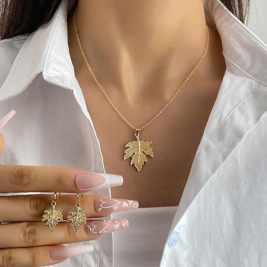 Juego de joyas para mujer (Collar + Aretes), con forma de hoja de metal